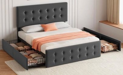 Bed Frame With Headboard And 4 Storage Drawers, Platform Bed Frame Square Stitched Button Tufted