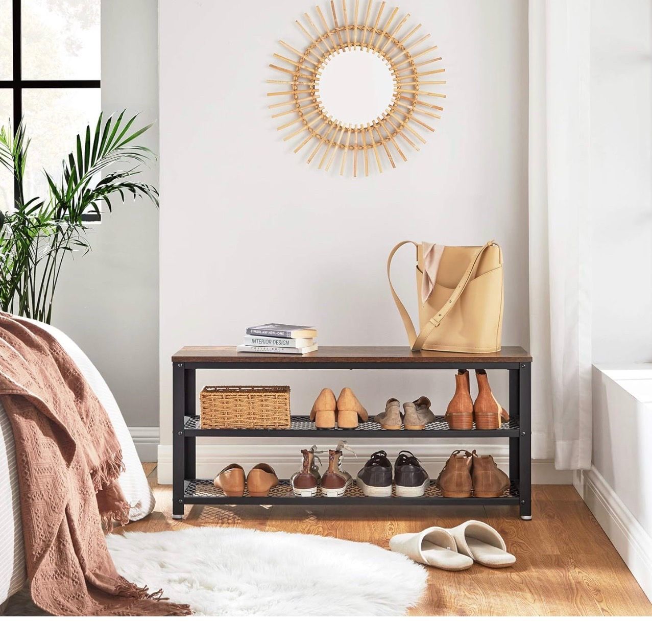 3-Tier Shoe Rack, Shelf Storage Bench with Metal Mesh Shelves and Seat, Free Standing Shoe Organizer for Entryway, 11.8 x 39.4 x 17.7 Inches, Rustic B