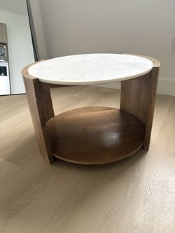 Round Genuine White Marble & Wood Coffee Table – 2-Tier / Natural Wood