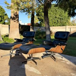 Mid Century Eames Style Lounge Chair in Real Leather and Walnut