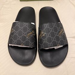 NEW  GUCCI MENS GG SUPREME CANVAS LOGO TIGER SLIDES SANDALS US 11