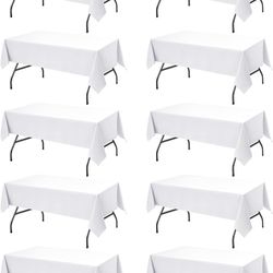 Pack of 10 white tablecloths for rectangular tables, 60 x 102 inches, stain-resistant polyester fabric for 6-foot tables, washable table covers for we