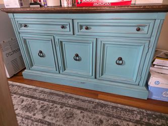 Vintage Solid Wood Sideboard/Buffet – Hand-Painted Teal – $150