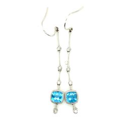 14k White Gold Blue Topaz Diamond Dangle Earrings 6mm Cushion Cut Drop 3.5g