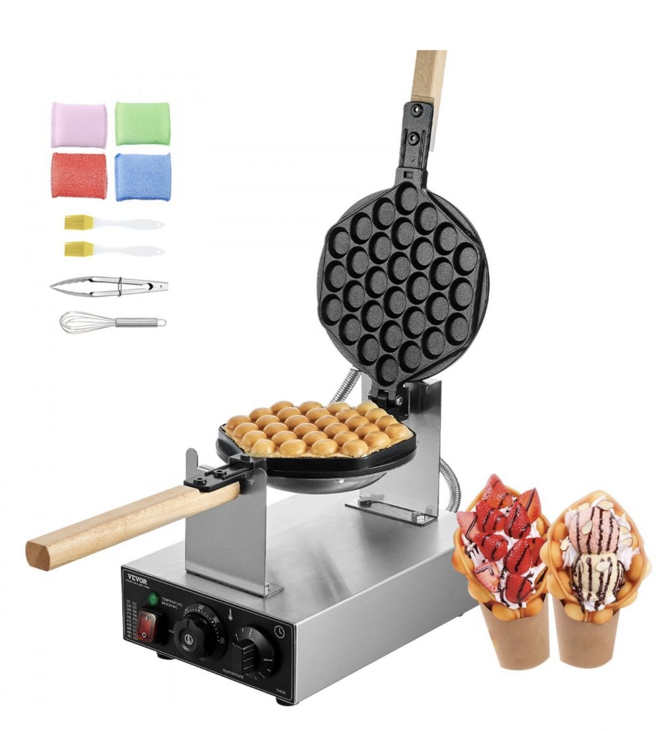 VEVOR Commercial Bubble Waffle Maker, 1400W Egg Pancake Baker Machine, Non-Stick Stainless Steel Egg Bubble Puff, 180° Rotatable, Temp and Time Contr