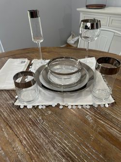 West Elm - Silver Lined 8 Person Dinner Set. Plates, Bowls, Wine & Champagne Glasses. 82 Total pieces