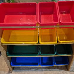 Basics Kids Toy Storage Organizer with 12 Plastic Bins, Natural Wood with Bright