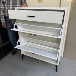New In Box 32”Wx10”Dx44”H Shoe Storage Shelf  White Cabinet With Double Fold Down Drawer Fits Up To 8 Pairs 