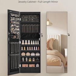 Hanging Jewelry Cabinet, Wall-Mounted Cabinet with LED Interior Lights, Door-Mounted Jewelry Organizer, Full-Length Mirror, Gift Idea, Mother's Day Gi