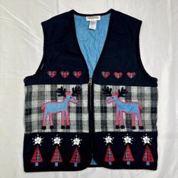 Christmas Vintage Vest Black Plaid Wool Moose Trees Cabincore size small women’s 