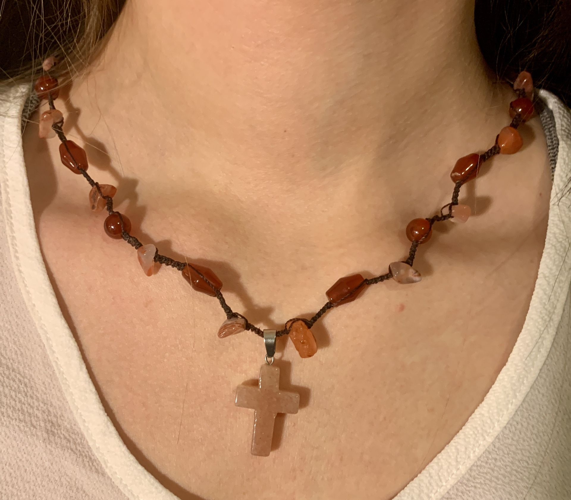 Handcrafted Boho Red Agate Cross Macrame Necklace Adjustable 19-21”
