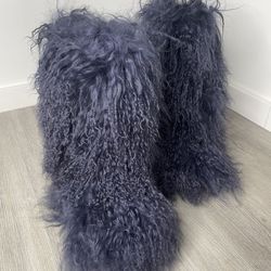 Genuine Fur Navy Blue Shaggy Boots  Sizes 8-9 