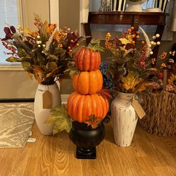 Gorgeous fall stems and beautiful rustic white vases Pumpkin Topiary