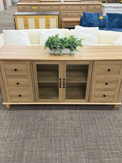 Farmhouse TV Stand for TVs Up to 65 inch, Wood TV Console Table with Storage Cabinets & Glass Door, Entertainment Center for 32-75 inch TV Console Cab