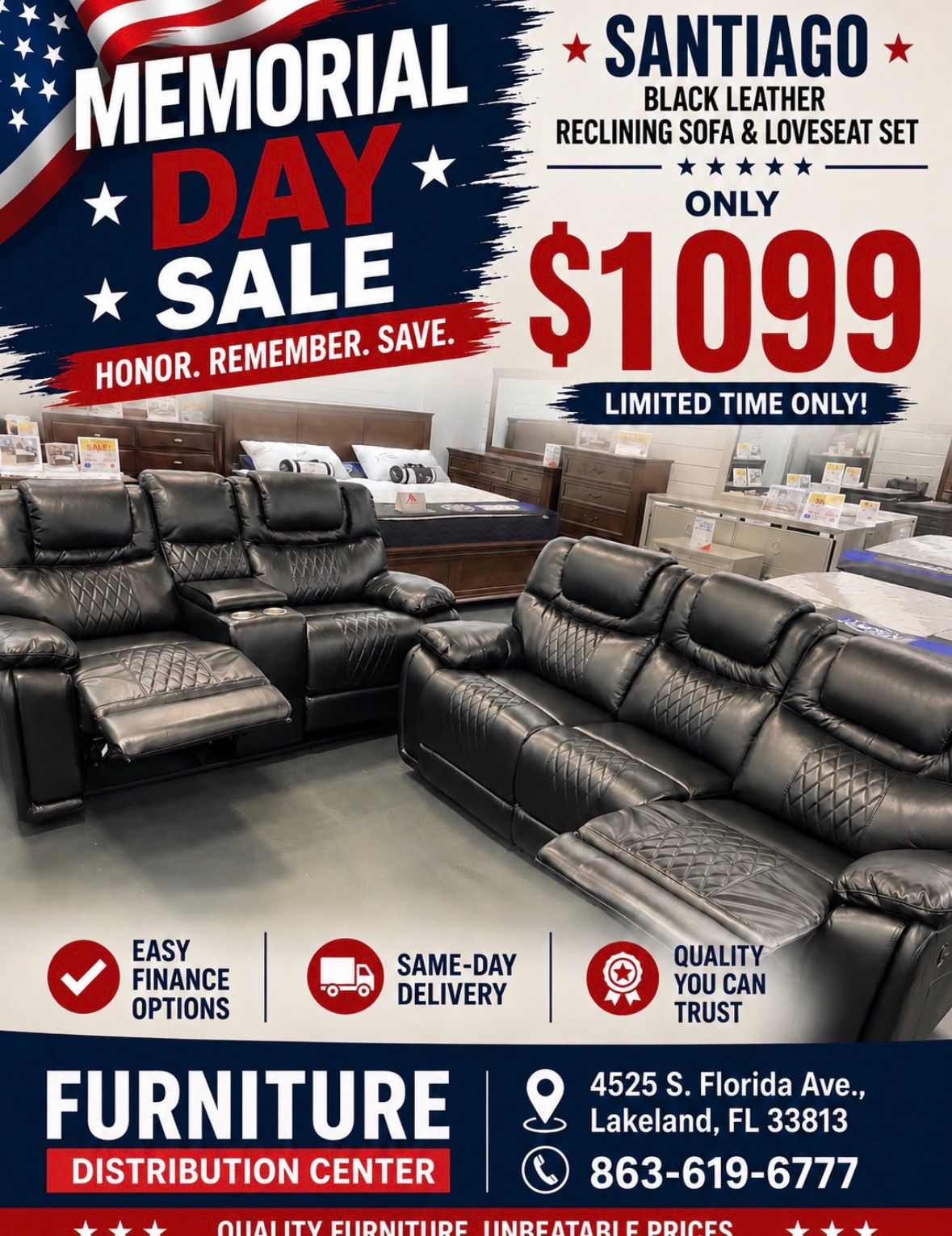 Memorial Day sale. Santiago black leather reclining sofa and loveseat set only $1099. Easy finance option. Same-day delivery.