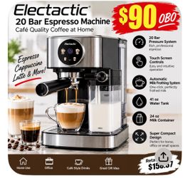 Electactic Espresso Machine 20 Bar, Super Compact Espresso Maker Stainless Steel with Touch Screen, Professional Coffee Machine, Automatic Milk Frothe