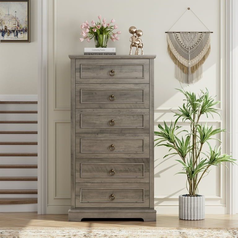 6 Drawer Tall Dresser, 52"H Chest of Drawers, Wooden Storage Cabinet for Bedroom, Wash Gray