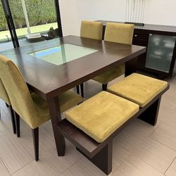 Wood And Glass Dining Table, Chairs, Benches