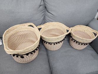 Woven Storage Baskets with Pom Pom Trim Set of 3