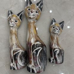 Cat family set of three wooden sculpture hand carved