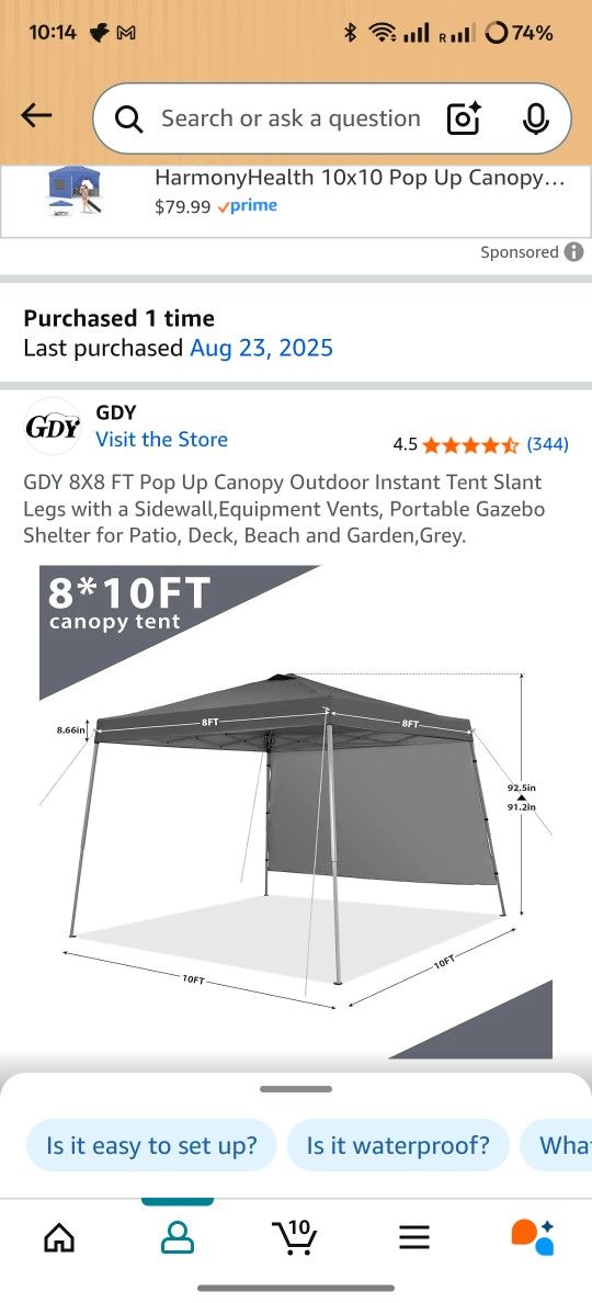 GDY 8X8 FT Pop Up Canopy Outdoor Instant Tent Slant Legs with a Sidewall,Equipment Vents, Portable Gazebo Shelter for Patio, Deck, Beach and Garden,Gr