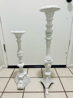 Vintage Distressed White Metal Floor Candle Holders - Shabby Chic / Farmhouse