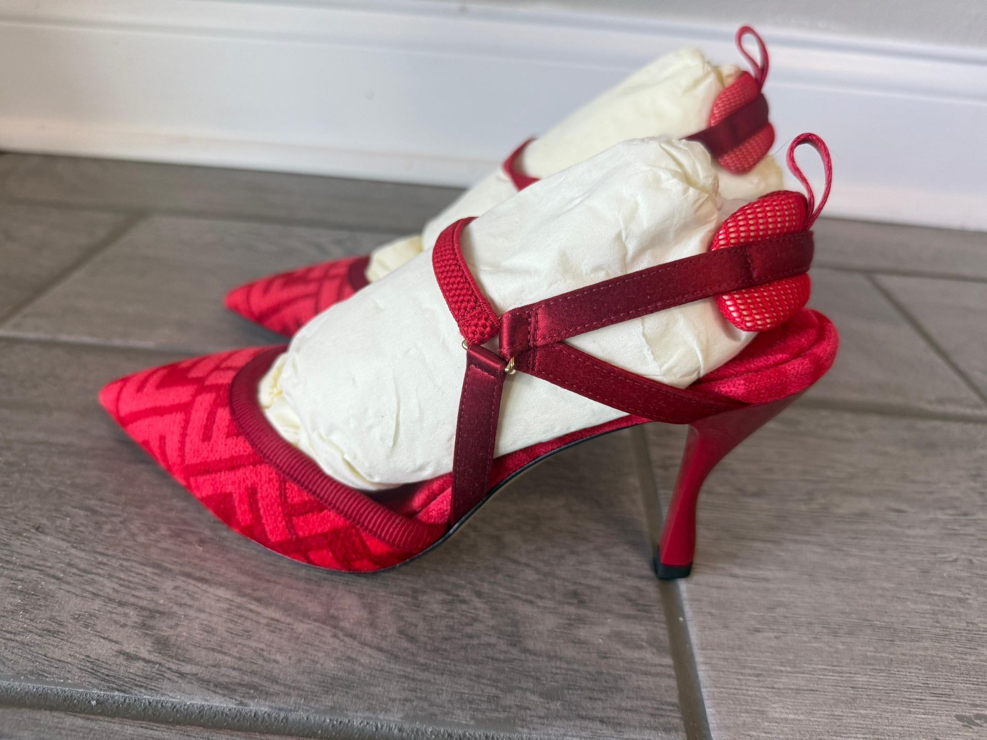 FENDI Colibri Lite Monogram Pumps Heels Shoes Designer Workwear Slingback Red Size 8