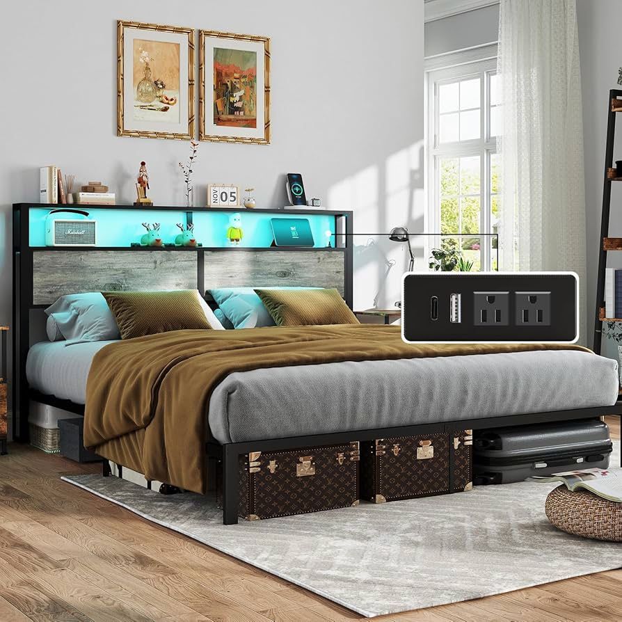 King Size Bed Frame with Headboard, Metal Platform Bed Frame with LED Lights & Charging Station, Under Bed Storage, Solid and Stable, No Box Spring Ne