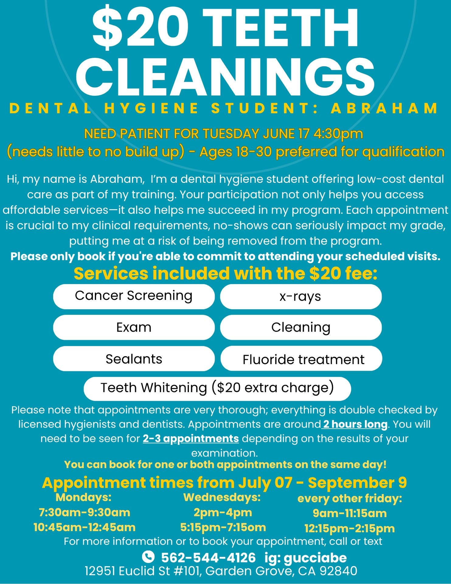 Dental Hygiene Student Need Patient For Today