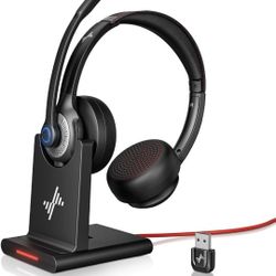 Wireless Headset with AI Noise Cancelling Microphone Bluetooth Headset - Bluetooth V5.2 Headphones with USB Dongle, Charging Base & Mic Mute for Compu