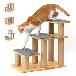 FUKUMARU Dog Stairs, Solid Wood Pet Stairs With Cat Scratching Post, Transformable Cat Ramp Can Hold Up To 200 Lbs, 20 Inch Pet Steps For Dogs And Cat