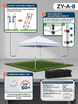 White Slant-Leg Pop Up Canopy Tent - Easy Setup!.Base Dimensions: 8' x 8' footprint (96" x 96")
​