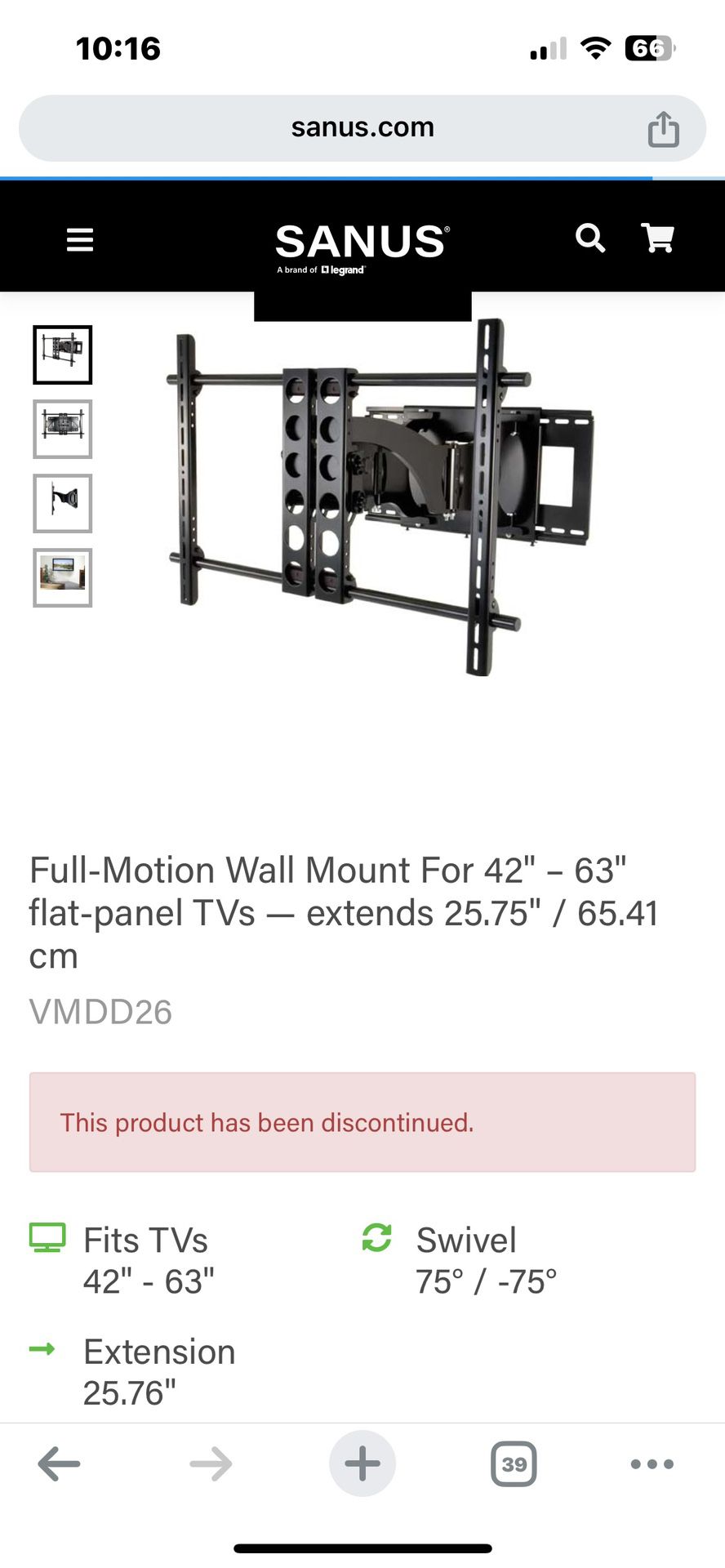 Sanus - FULL MOTION WALL MOUNT VMDD26