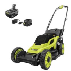 RYOBI ONE+ 18V 13 in. Cordless Battery Walk Behind Push Lawn Mower with 4.0 Ah Battery and Charger=Pa-159