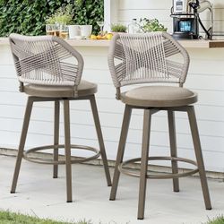 Outdoor Bar Stools Set of 2, 360° Swivel Aluminum Rattan Barstools