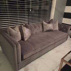 Button tufted grey velvet sofas