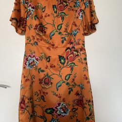 Ann Taylor Factory Floral Orange A-Line Knee Length Dress Petite 2P Satin Lined
