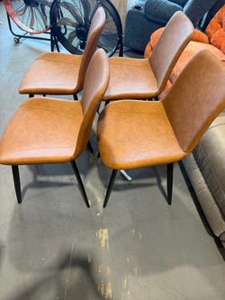 New-Modern Dining Chairs Set of 4, Upholstered Faux Leather Cushion Seat and Sturdy Metal Legs (4 Brown Chairs)
