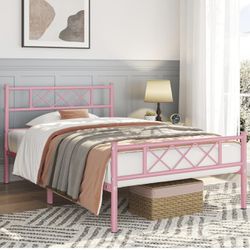 Twin Metal Platform Bed Frame Mattress Foundation with Headboard and Footboard No Box Spring Needed Under Bed Storage Steel Slats pink 613632 