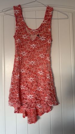 Vintage Red Floral Lace Fit & Sheer Flare Dress – Scalloped Hem, Sleeveless | Size Small