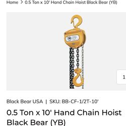 bear Chain hoist manual 1/2 ton new black bear