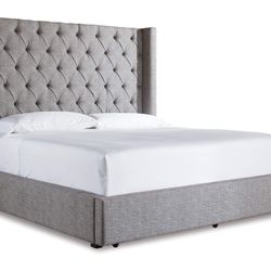 Brand New Ashley Sorinella California King Upholstered Bed (Storage Drawer) – Gray
