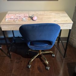 Writing desk, roller chair, gaming keyboard, & gaming mouse
