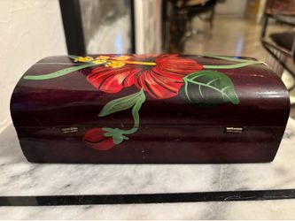 Vintage Wooden Jewelry Decorative Box Featuring a Hand Painted Hibiscus. Coral Gables.