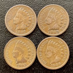 Four (4) Indian Head Pennies Vintage Antique Penny Cent Coins
