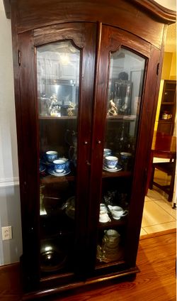 Antique Dark Wood China Cabinet – Arched Glass Doors | $395