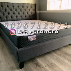 Full Gray Wingback Button Tufted Bed w. Orthopedic Mattress Included