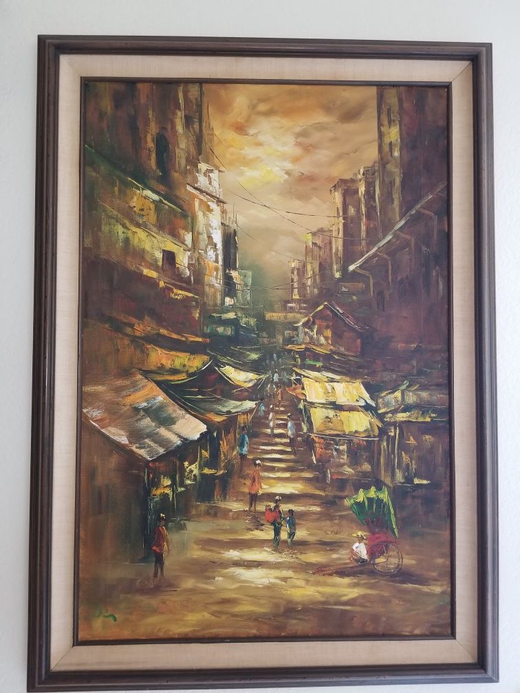 Vintage Original Asian Oil Painting Of Hong Kong