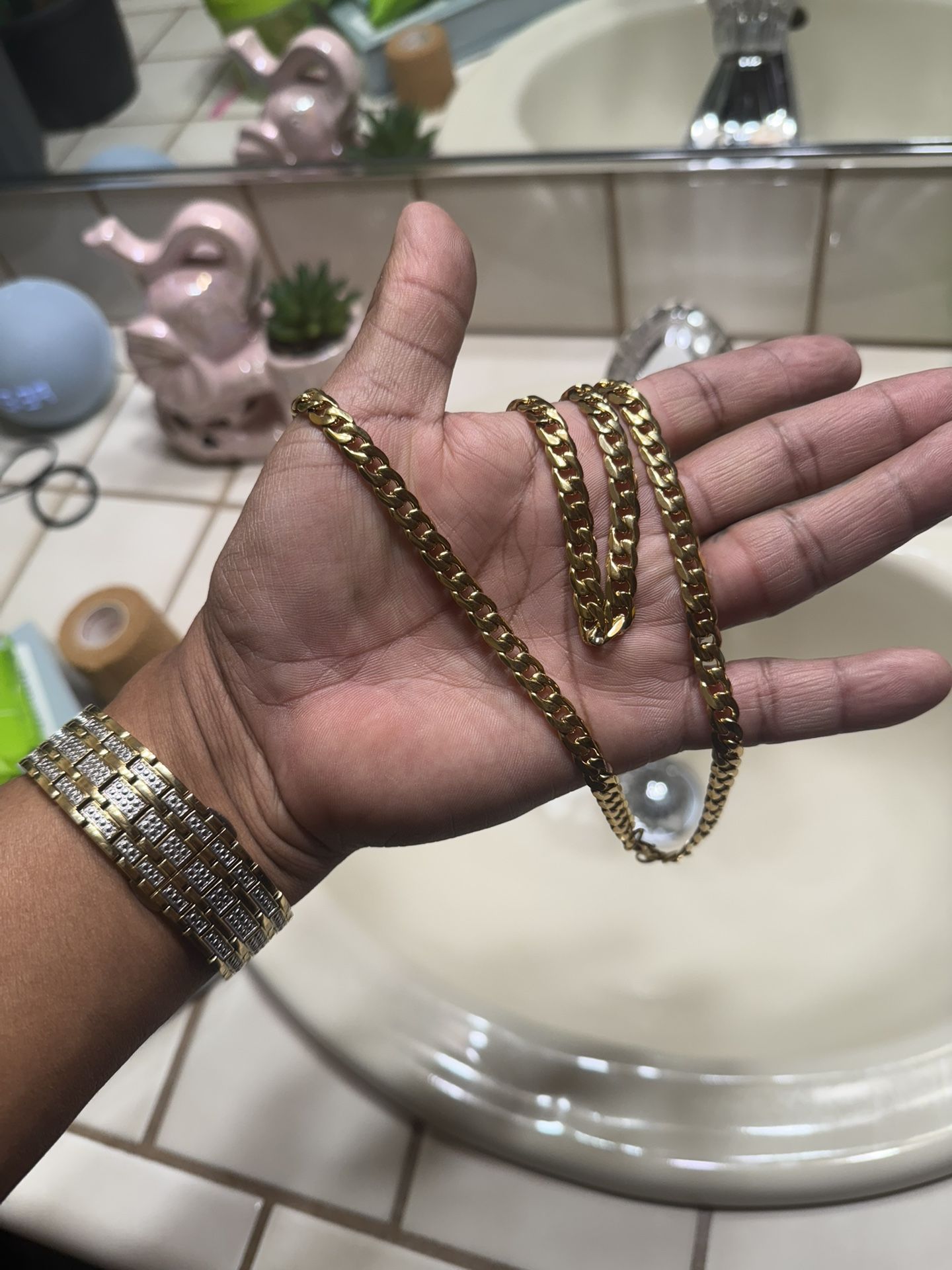 Stainless Steel Cuban Link Chain for Men, Silver/18k Gold Plated Necklace Chain for Men