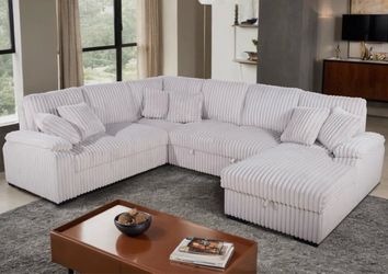Beige ultra plush soft microfiber sectional couch with storage and pull out sleeper